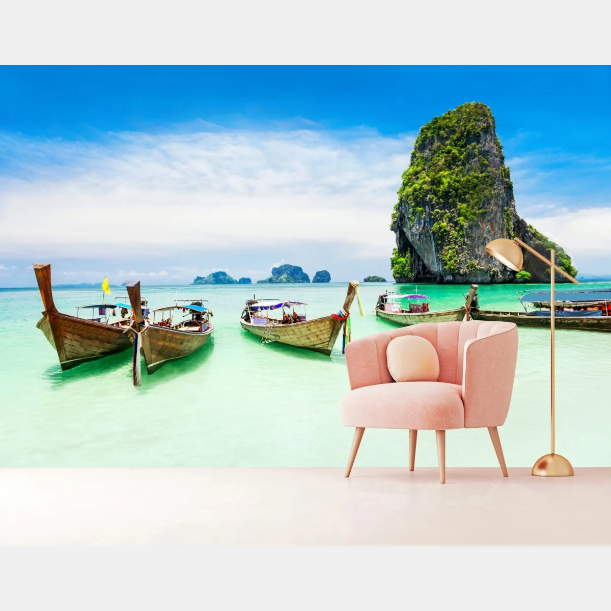 Papier peint évasion tropicale : bateaux traditionnels sur eau turquoise – Wallnifity® Papier peint évasion tropicale : bateaux traditionnels sur eau turquoise – Wallnifity®