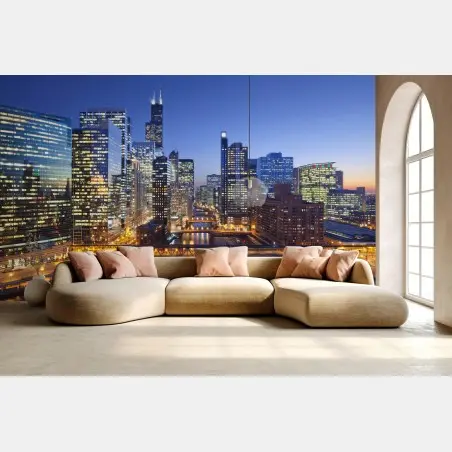 Papier peint panorama nocturne de Chicago – Wallnifity®