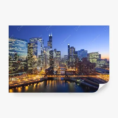 Papier peint panorama nocturne de Chicago – Wallnifity®