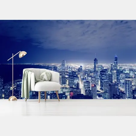 Papier peint panorama nocturne de Chicago en lumières bleutées – Wallnifity®