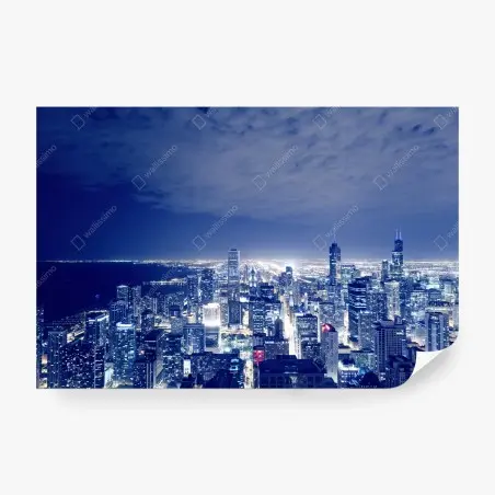 Papier peint panorama nocturne de Chicago en lumières bleutées – Wallnifity®
