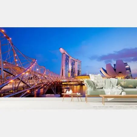 Papier peint nuit sur le pont hélicoïdal et Marina Bay Sands à Singapour – Wallnifity®