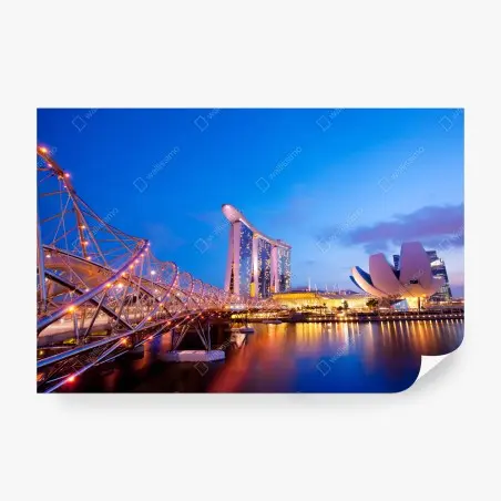 Papier peint nuit sur le pont hélicoïdal et Marina Bay Sands à Singapour – Wallnifity®