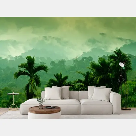 Papier peint panorama de forêt tropicale brumeuse – Wallnifity®