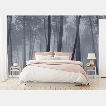 Papier peint forêt de pins embrumée la nuit – Wallnifity®