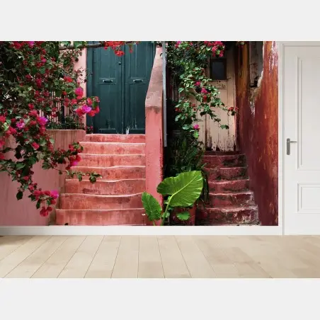 Papier peint escalier fleuri aux bougainvilliers – Wallnifity®