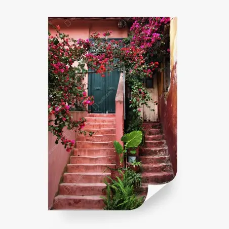 Papier peint escalier fleuri aux bougainvilliers – Wallnifity®