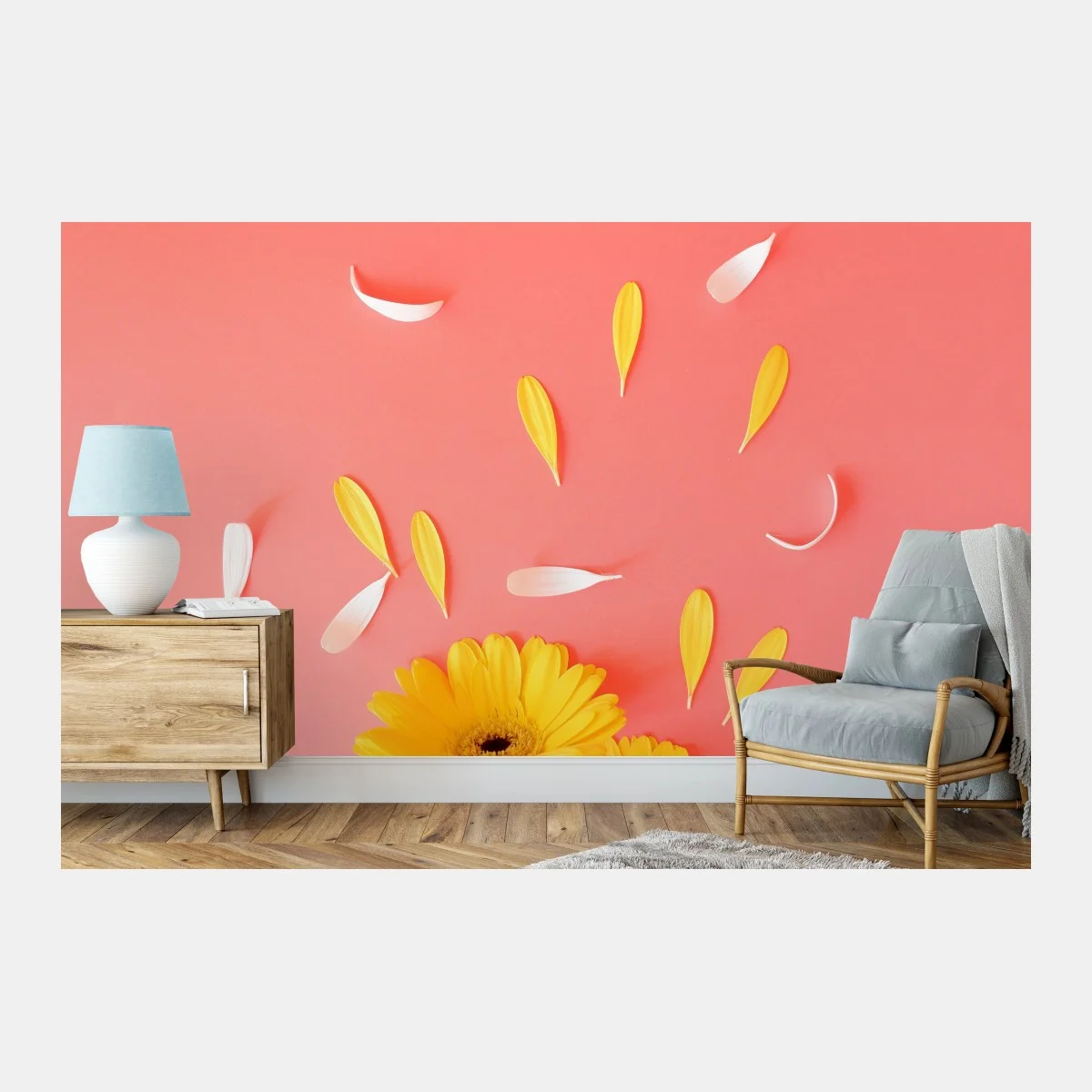 Papier peint double gerbera jaune sur fond corail – Wallnifity® Papier peint double gerbera jaune sur fond corail – Wallnifity®