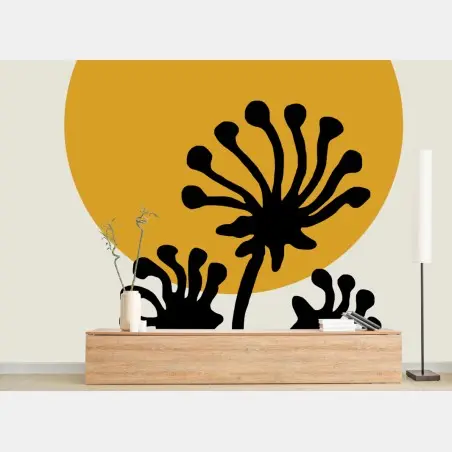 Papier peint fleurs en silhouette sur soleil doré – Wallnifity®