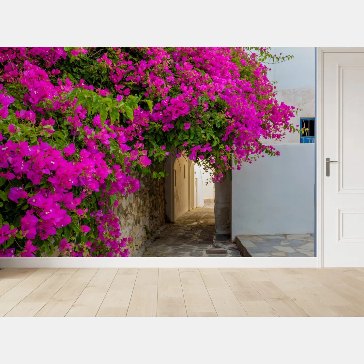 Papier peint ruelle cycladique fleurie à Naousa, Paros, Grèce – Wallnifity® Papier peint ruelle cycladique fleurie à Naousa, Paros, Grèce – Wallnifity®
