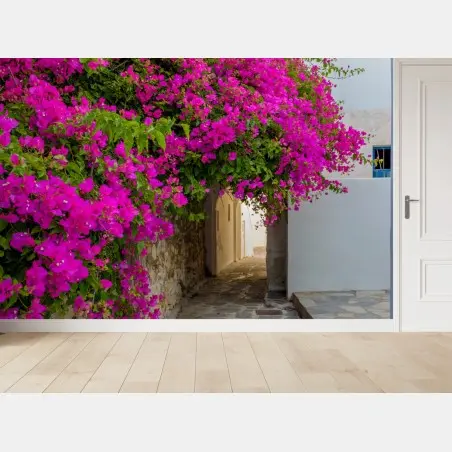 Papier peint ruelle cycladique fleurie à Naousa, Paros, Grèce – Wallnifity®