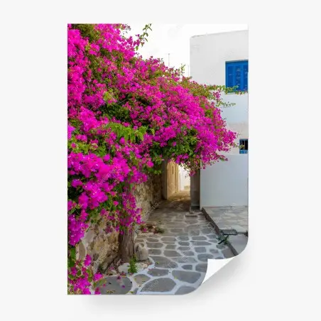 Papier peint ruelle cycladique fleurie à Naousa, Paros, Grèce – Wallnifity®