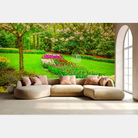 Papier peint jardin printanier aux tulipes et cerisiers en fleurs – Wallnifity®