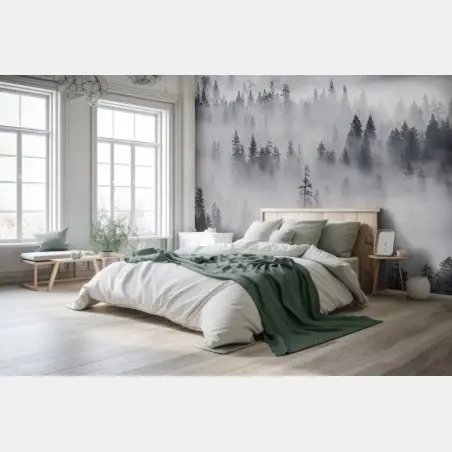 Papier peint forêt de pins enveloppée de brume – Wallnifity®