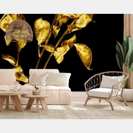 Papier peint bouquet de roses dorées sur fond noir – Wallnifity®