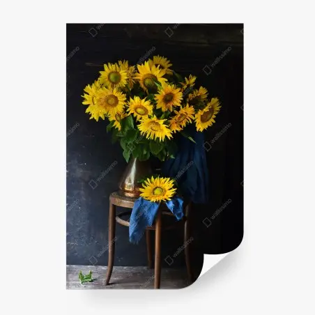 Papier peint bouquet de tournesols sur chaise rustique – Wallnifity®