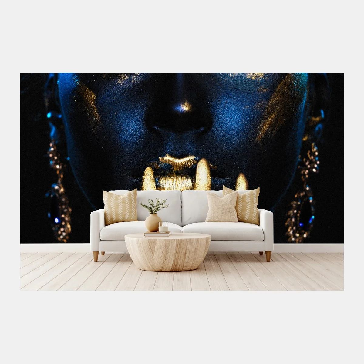 Papier peint portrait mystique en or et bleu – Wallnifity® Papier peint portrait mystique en or et bleu – Wallnifity®