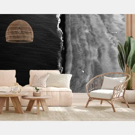 Papier peint littoral minimaliste en noir et blanc – Wallnifity®