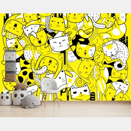 Papier peint jungle de chats en jaune et noir – Wallnifity®