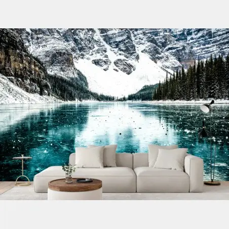 Papier peint paysage montagneux hivernal au lac turquoise – Wallnifity®