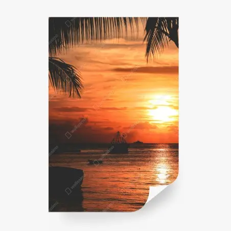 Papier peint coucher de soleil tropical aux silhouettes de bateaux – Wallnifity®