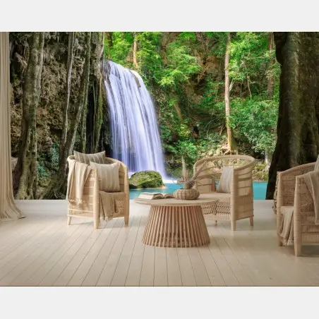 Papier peint cascade d'Erawan, Thaïlande : oasis turquoise – Wallnifity®