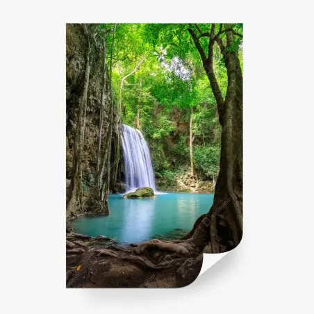Papier peint cascade d'Erawan, Thaïlande : oasis turquoise – Wallnifity®