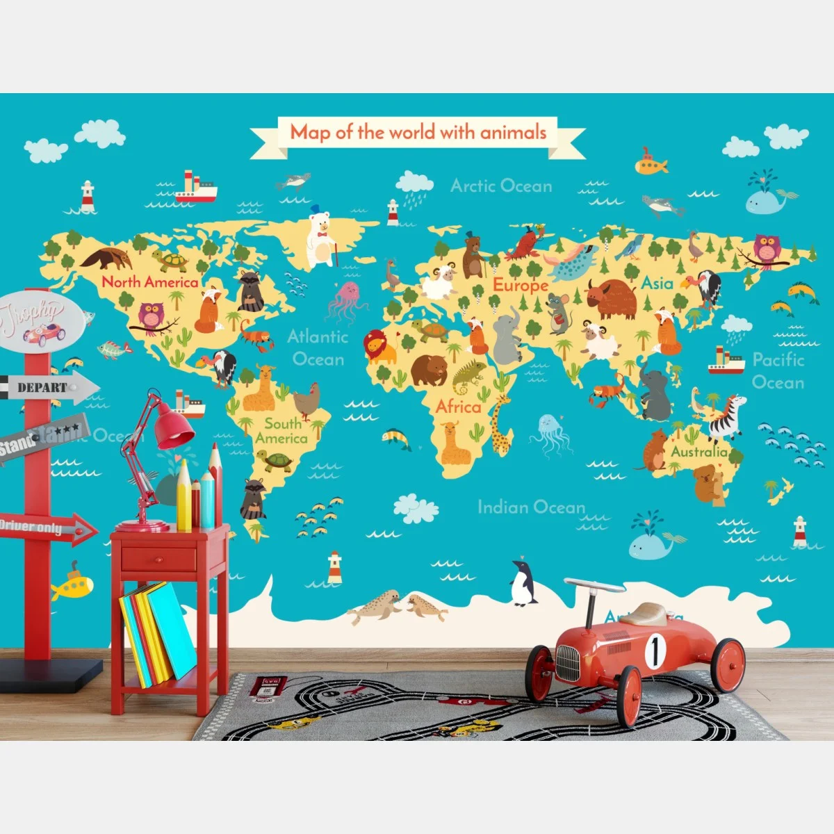 Papier peint carte du monde animalière colorée pour chambre enfantine – Wallnifity® Papier peint carte du monde animalière colorée pour chambre enfantine – Wallnifity®