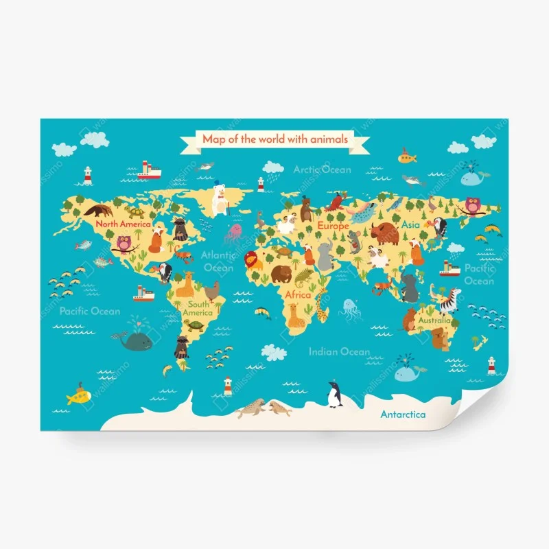 Papier peint carte du monde animalière colorée pour chambre enfantine – Wallnifity® Papier peint carte du monde animalière colorée pour chambre enfantine – Wallnifity®