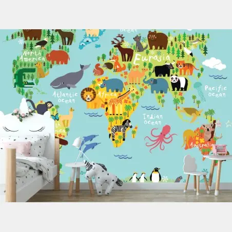 Papier peint carte du monde des animaux colorés – Wallnifity®