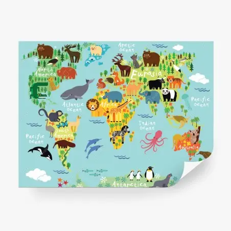 Papier peint carte du monde des animaux colorés – Wallnifity®