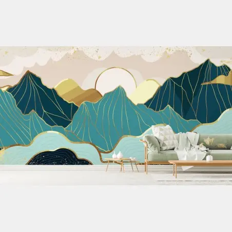 Papier peint horizon montagneux abstrait aux reflets dorés – Wallnifity®