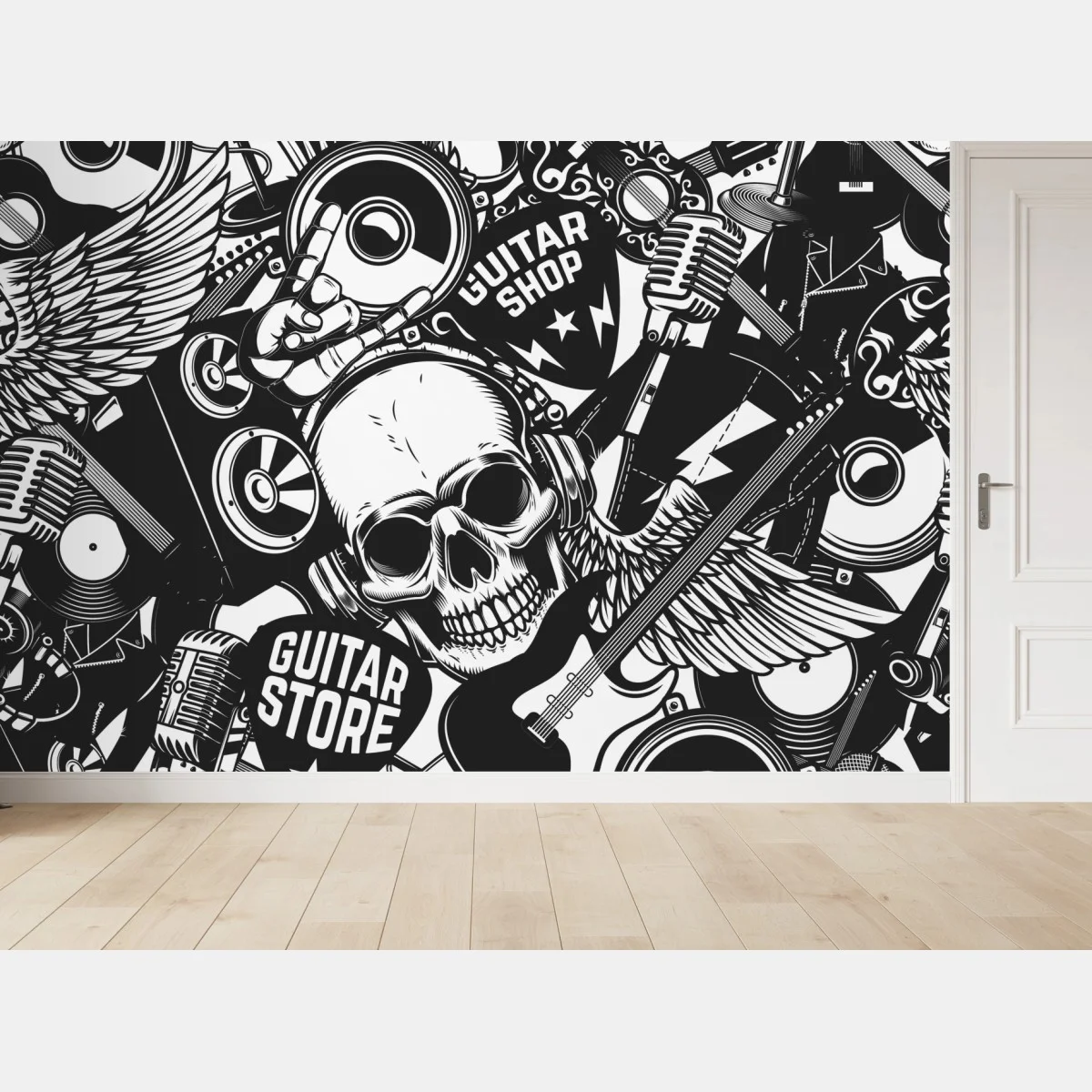 Papier peint motif rock'n'roll monochrome avec crâne et guitares – Wallnifity® Papier peint motif rock'n'roll monochrome avec crâne et guitares – Wallnifity®