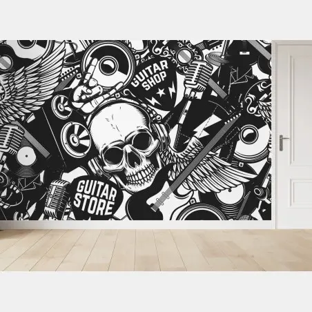 Papier peint motif rock'n'roll monochrome avec crâne et guitares – Wallnifity®