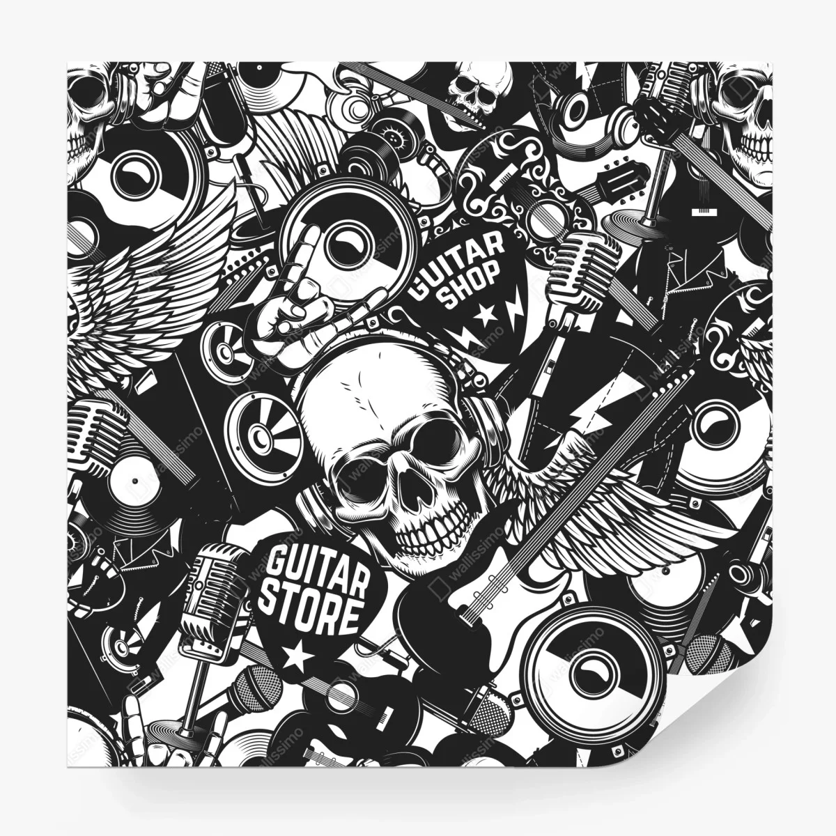 Papier peint motif rock'n'roll monochrome avec crâne et guitares – Wallnifity® Papier peint motif rock'n'roll monochrome avec crâne et guitares – Wallnifity®