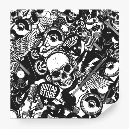 Papier peint motif rock'n'roll monochrome avec crâne et guitares – Wallnifity®