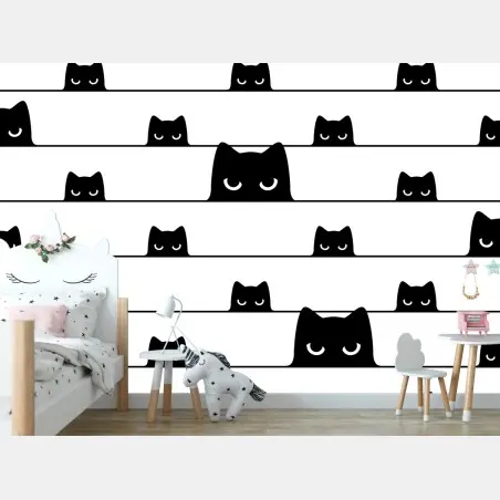 Papier peint motif chats malicieux en noir et blanc – Wallnifity®