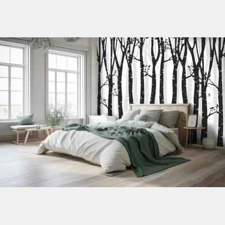 Papier peint forêt de bouleaux minimaliste en noir et blanc – Wallnifity®