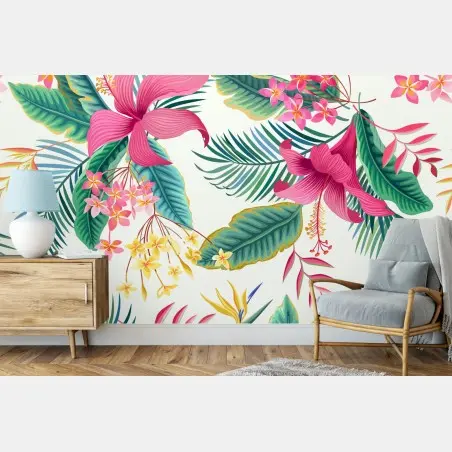 Papier peint motif floral tropical aux couleurs vives – Wallnifity®