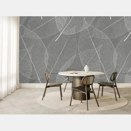 Papier peint motif feuilles squelettes minimaliste blanc et gris – Wallnifity®