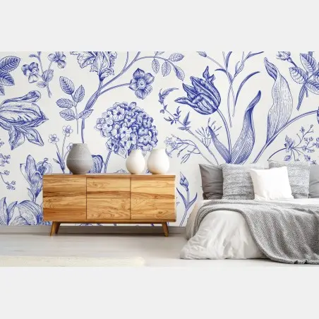 Papier peint motif floral toile de jouy bleu classique – Wallnifity®