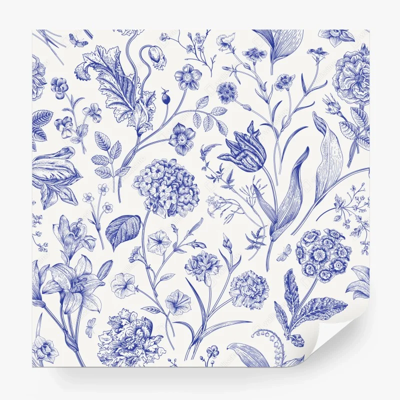 Papier peint motif floral toile de jouy bleu classique – Wallnifity® Papier peint motif floral toile de jouy bleu classique – Wallnifity®