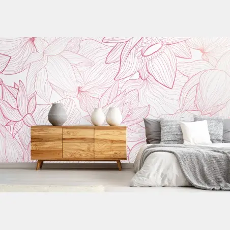 Papier peint motif floral délicat en fines lignes roses – Wallnifity®