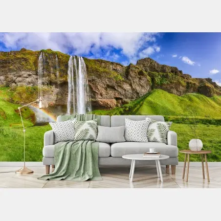 Papier peint cascade Seljalandsfoss, paysage d'Islande verdoyant – Wallnifity®