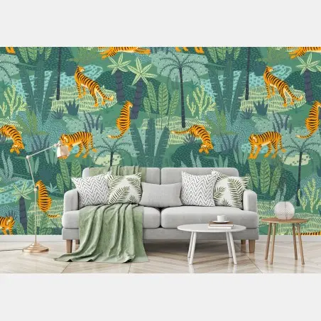 Papier peint motif jungle aux tigres stylisés – Wallnifity®