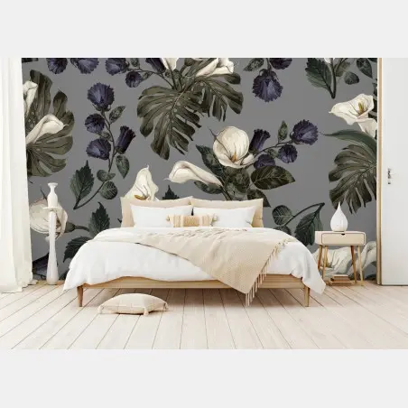 Papier peint motif floral élégant aux arums et monstera sur fond gris – Wallnifity®