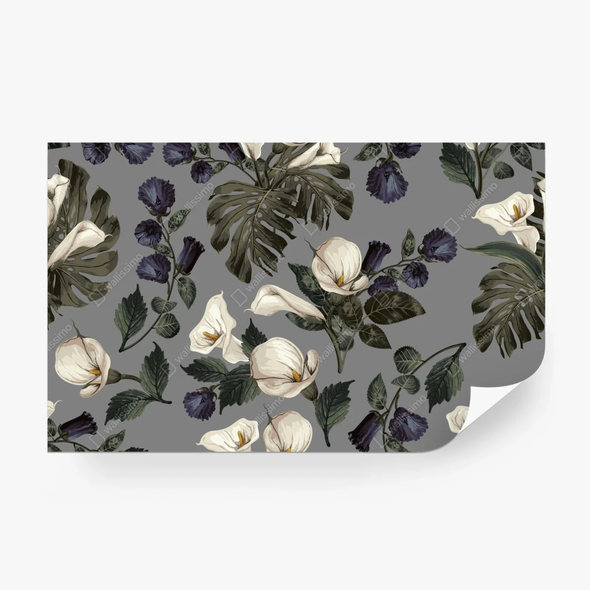 Papier peint motif floral élégant aux arums et monstera sur fond gris – Wallnifity® Papier peint motif floral élégant aux arums et monstera sur fond gris – Wallnifity®