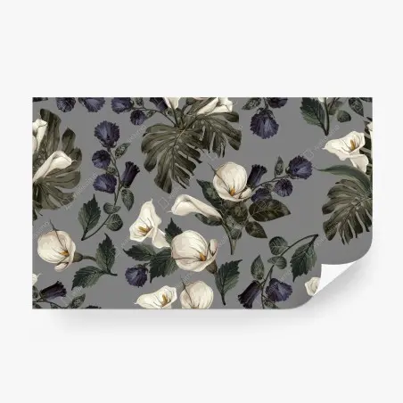 Papier peint motif floral élégant aux arums et monstera sur fond gris – Wallnifity®