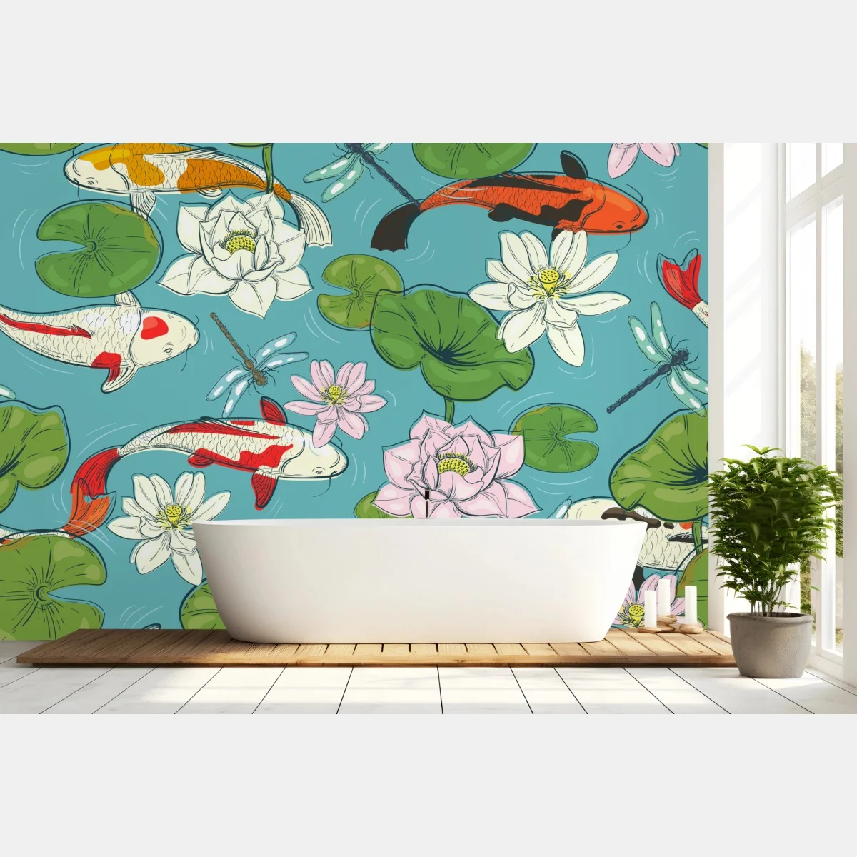 Papier peint scène zen de carpes koi et nénuphars – Wallnifity® Papier peint scène zen de carpes koi et nénuphars – Wallnifity®