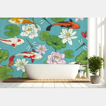 Papier peint scène zen de carpes koi et nénuphars – Wallnifity®